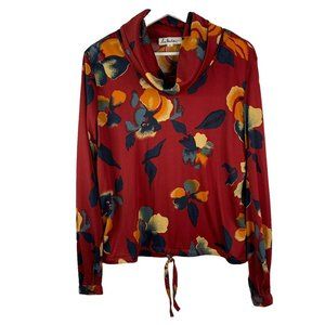 Vintage Lady Manhattan Cowl Neck Drawstring Hem Burgundy Floral Blouse Women’s L